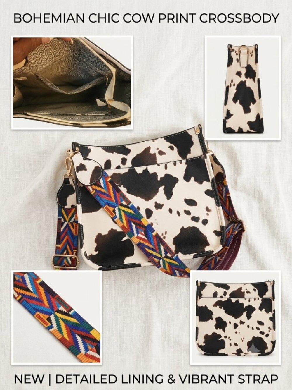 Bohemian Chic Cow Print Crossbody Bag w/ Geometric Guitar Strap